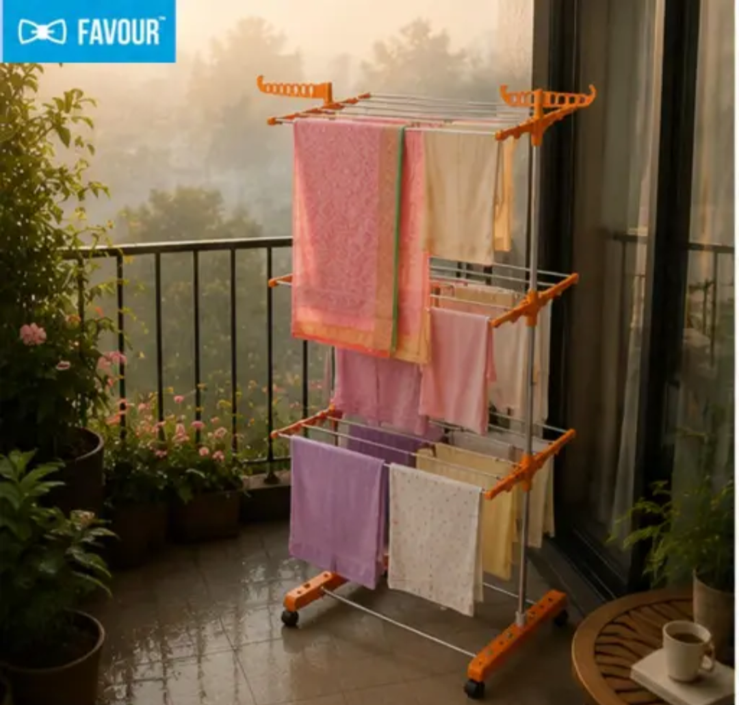 FAVOUR 365 DAYS Shiny STAINLESS STEEL SINGLE POLE 3 LAYER CLOTH DRYING STAND
